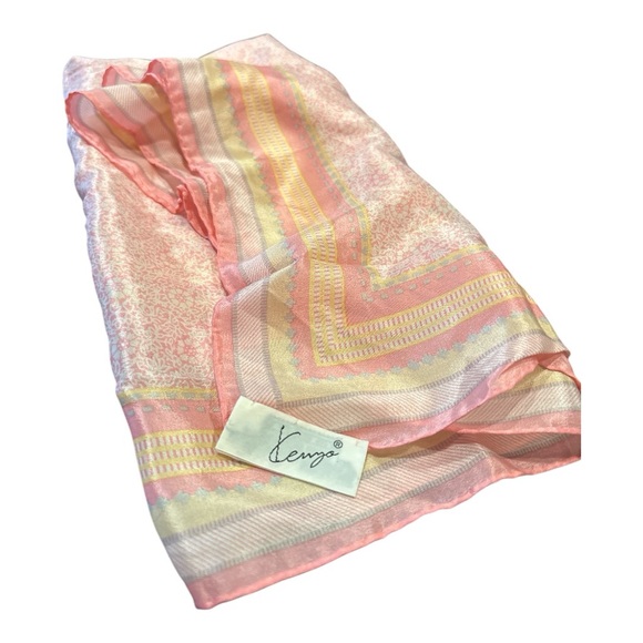 Kenya Vintage 100% Silk Scarf in delicate pastel colors Pink/yellow. AR16 - Picture 2 of 4
